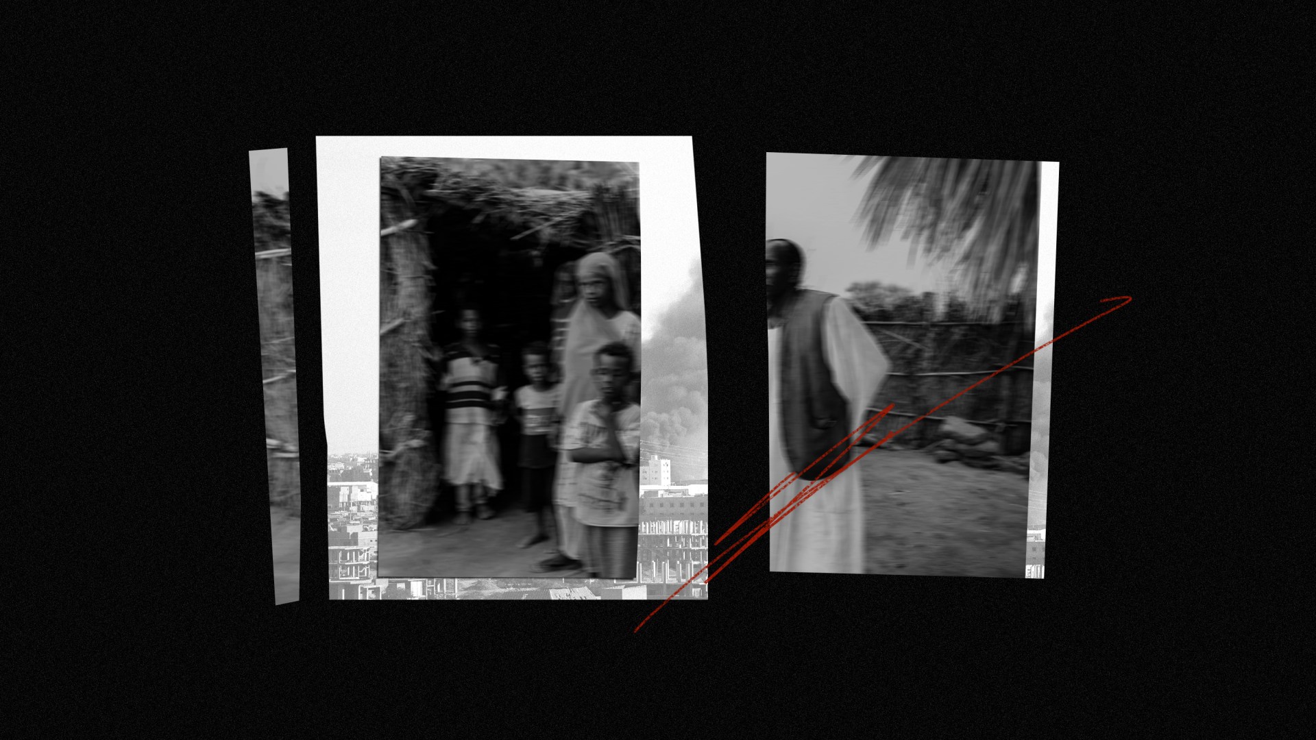 A collage of images showing civil war destruction and separated families.