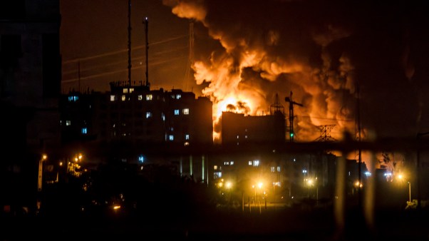 A targeted location in Tehran ablaze on Sunday, June 15, 2025 during the third day of Israel's strikes against Iran.